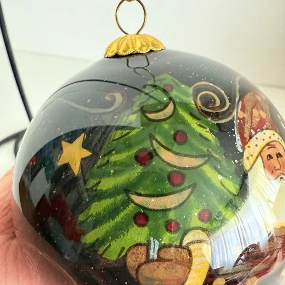 Glass Santa Claus Ornament Reverse Hand Painted With Red Box Night Sky - Picture 3 of 8